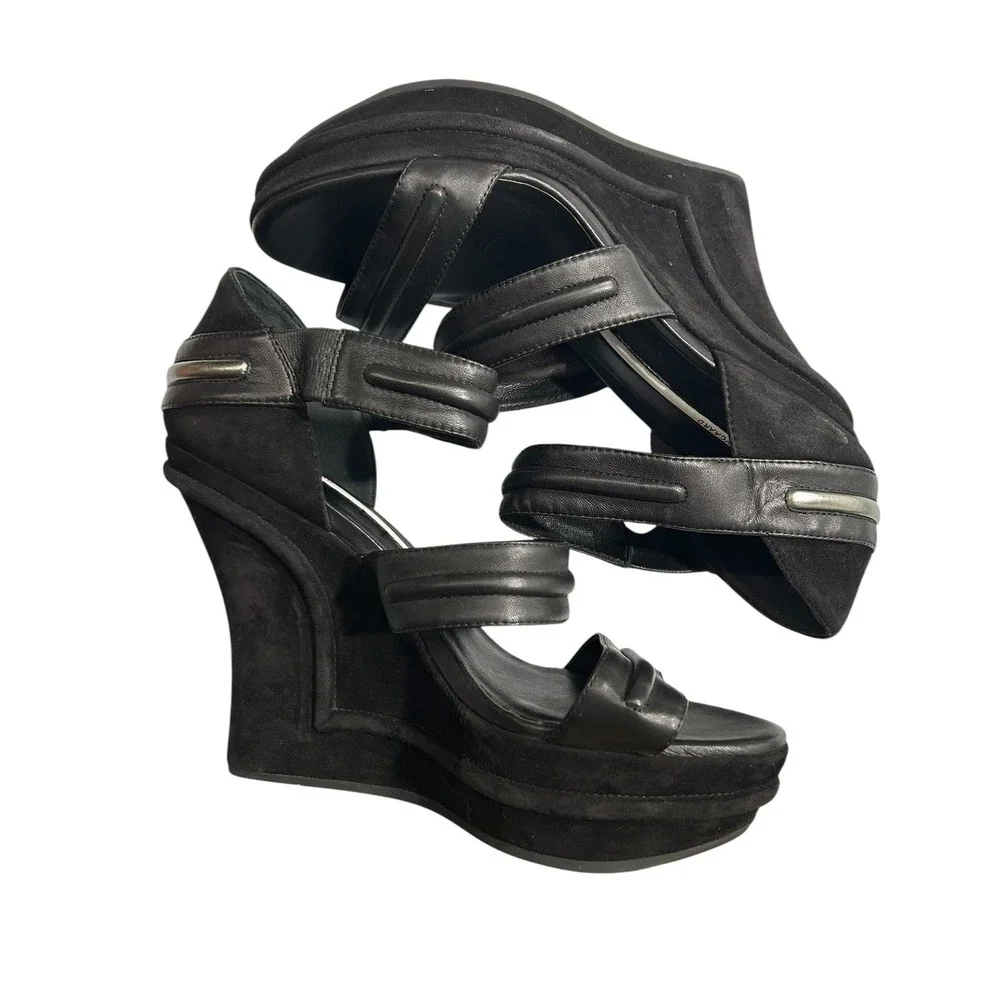 Camilla Skovgaard Black Leather Suede Architectural Wedge Sandals Size‎ 41 club
